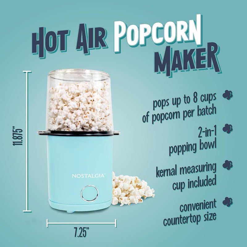 Nostalgia 8-Cup Hot Air Popcorn Maker & Bowl - 2-In-1 Bowl & Lid, 2 oz Measuring Cup - Oil-Free Pop Corn for Movie Night, Snacks, Birthday Parties, and More - Aqua - Image 2